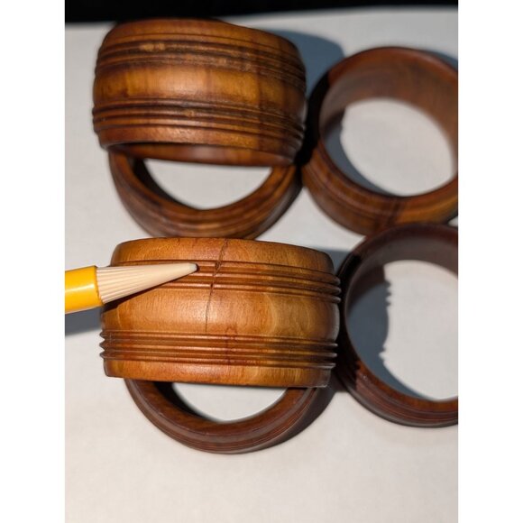 Set 6 Vintage Wooden Napkin Rings Grooved France Holiday Party - Picture 5 of 16